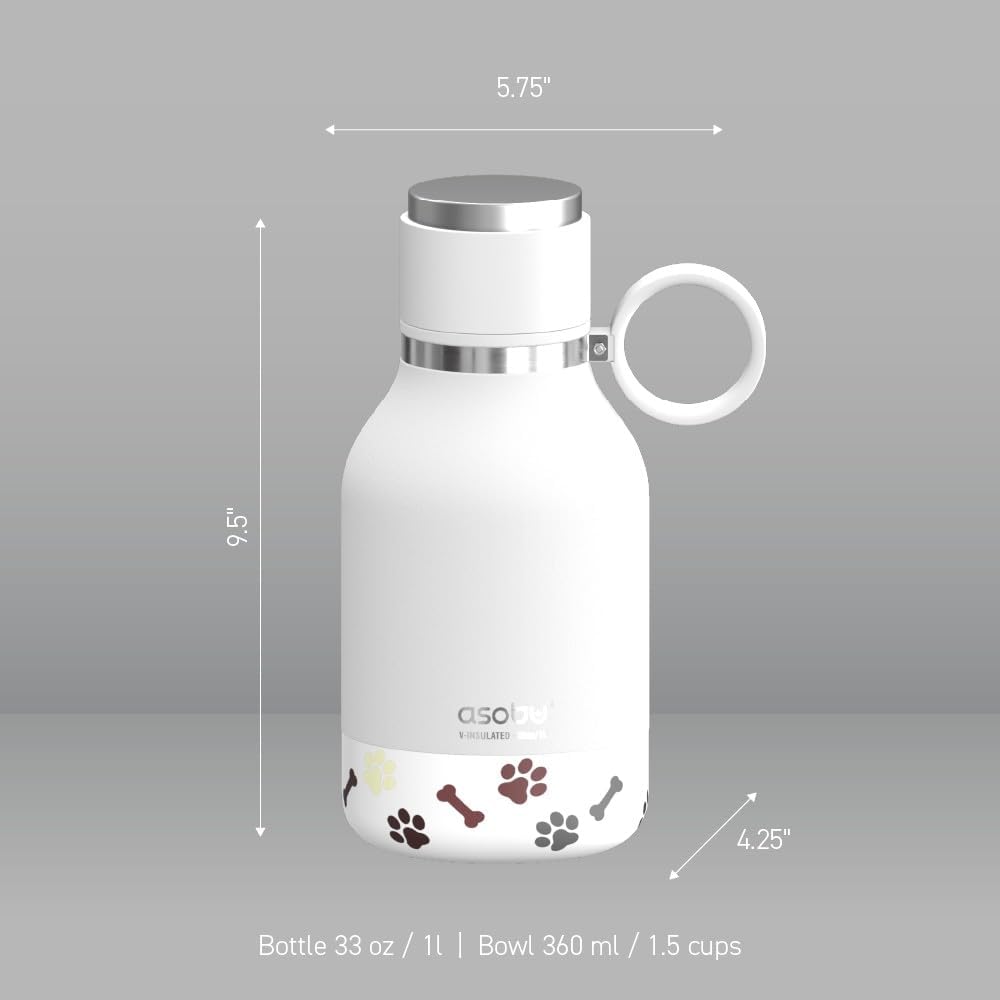 BORRACCIA PER CANI PORTATILE CON CIOTOLA ASOBU Dog Bowl Attached to Stainless Steel Insulated Travel Pet Bottle 1 Liter (White)