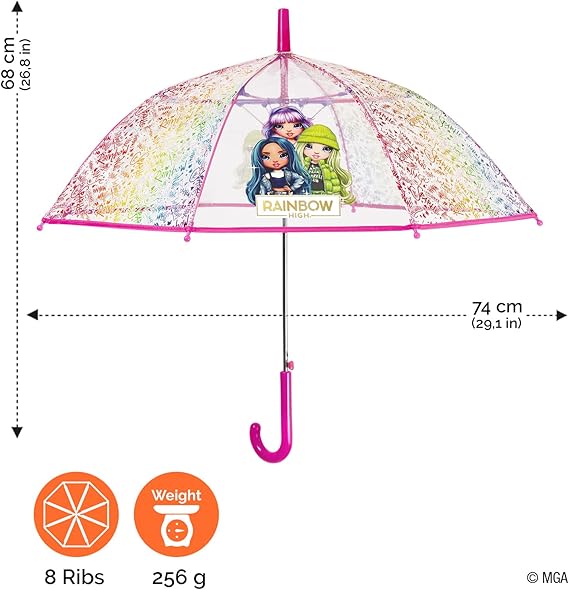PERLETTI Ombrello Bambina Rainbow High Trasparente 4 5 6 Anni - Ombrellino Multicolore Automatico Leggero a Cupola Antivento Bimba - Ombrello Pioggia Colorato Scuola Materna - Diam 74 cm (Multicolore)