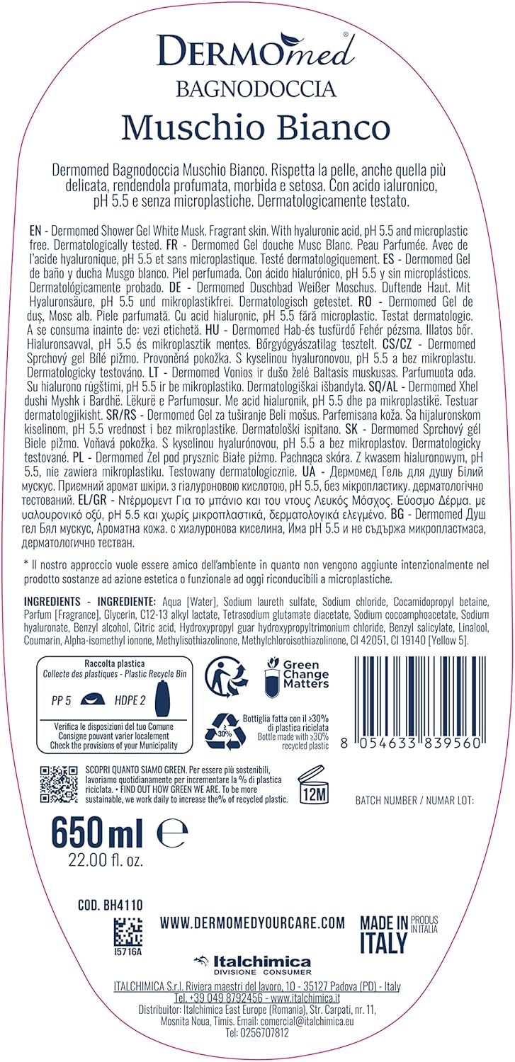 Dermomed Bagnodoccia Muschio Bianco, pH 5.5, 650 ml, Dermatologicamente Testato.