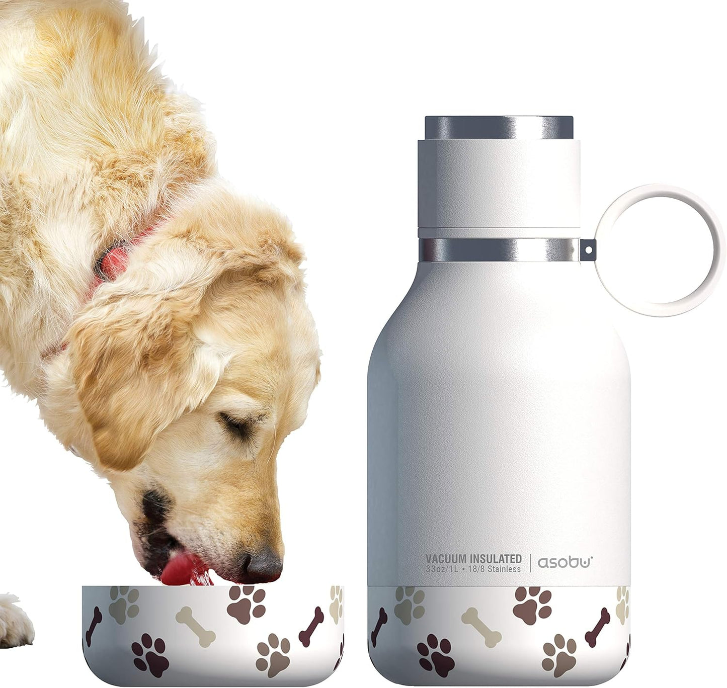 BORRACCIA PER CANI PORTATILE CON CIOTOLA ASOBU Dog Bowl Attached to Stainless Steel Insulated Travel Pet Bottle 1 Liter (White)