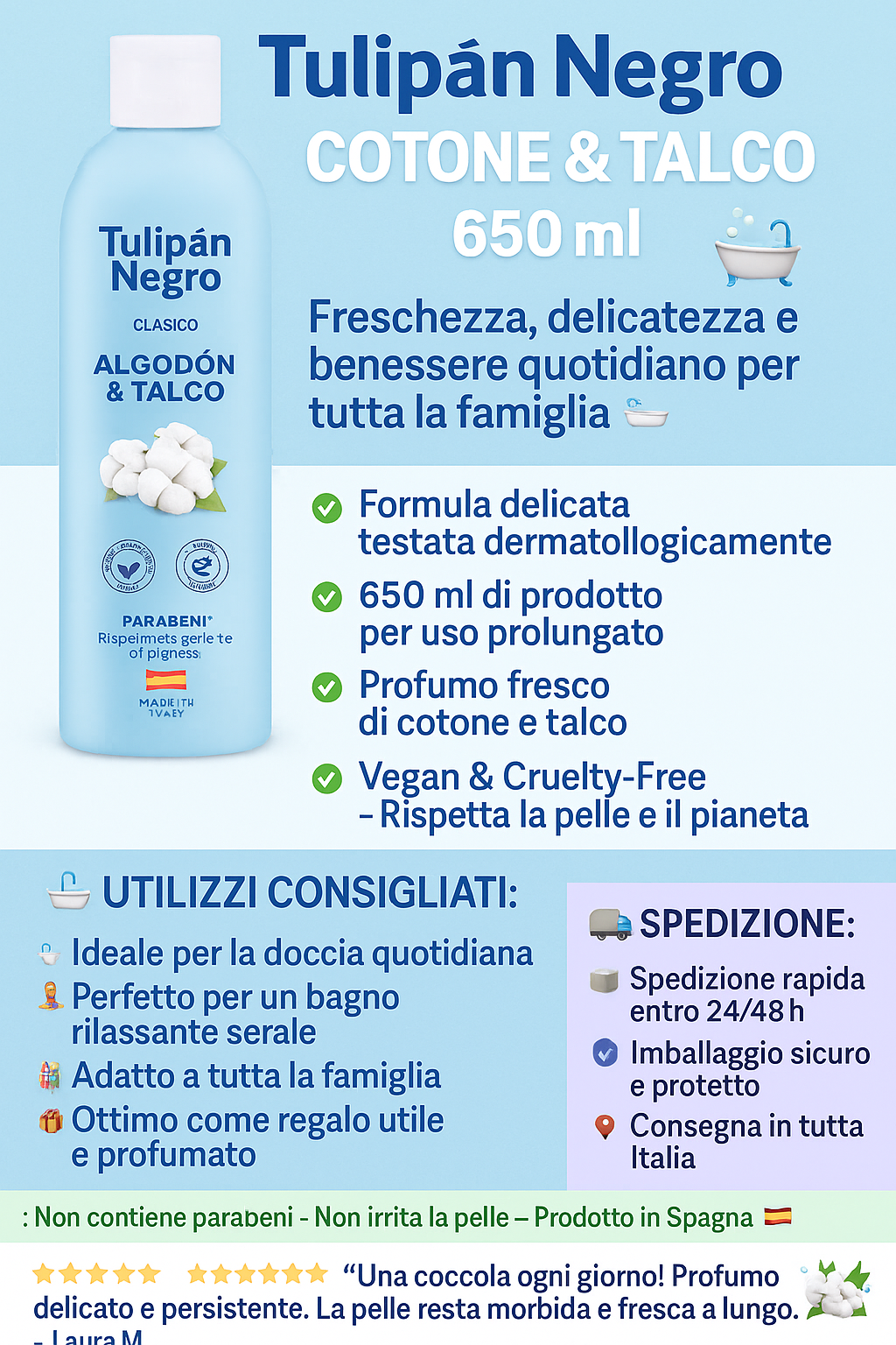 Tulipán Negro Bagnoschiuma Cotone & Talco 650 ml – Delicatezza e Comfort per la tua Pelle