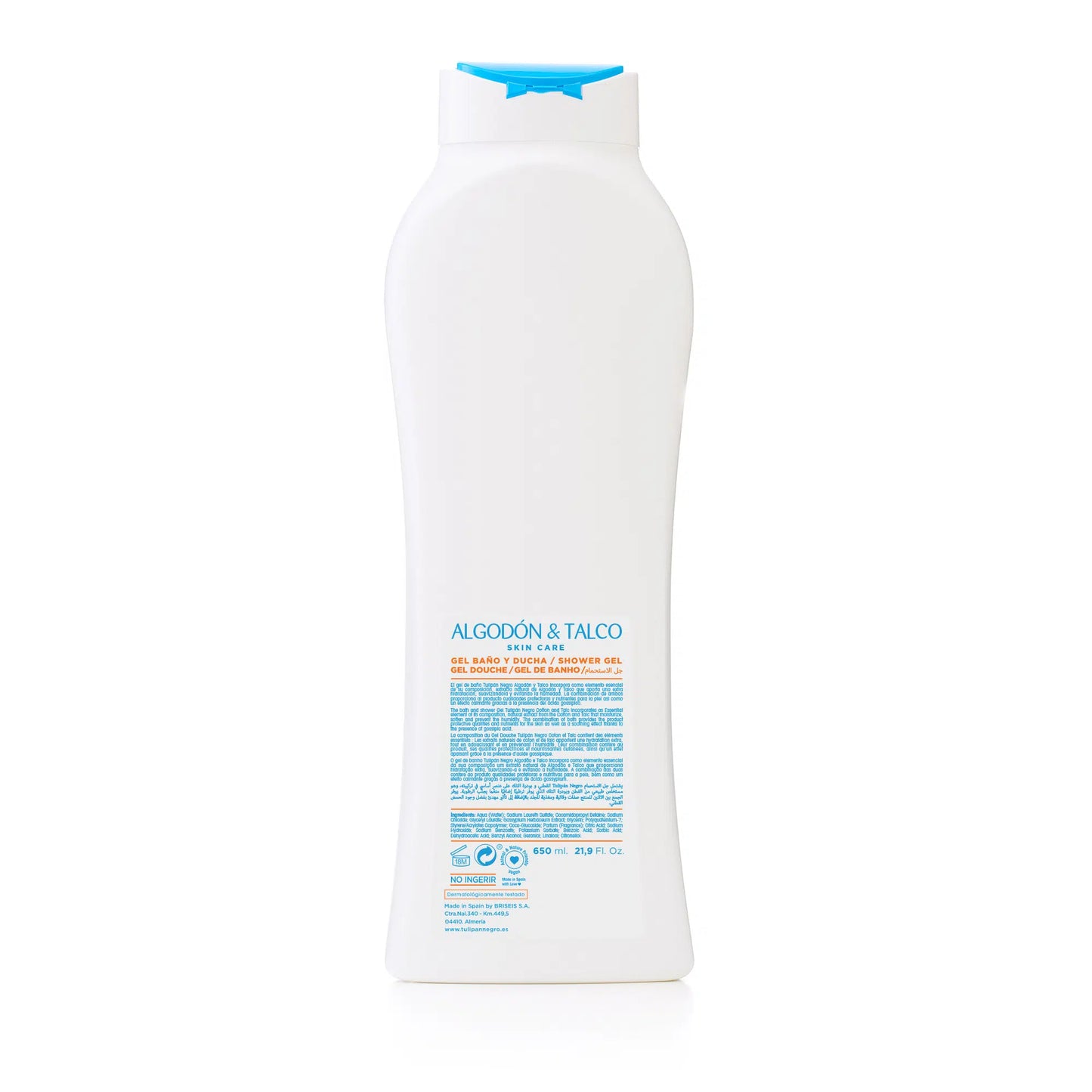 Aqua (acqua); Sodio Laureth Solfato; Cocamidopropil Betaina; Cloruro di sodio; Copolimero stirene/acrilati; Profumo (fragranza); Benzoato di sodio; Sorbato di potassio; Polyquaternium-7; Acido citrico; PEG-200 Palmato di glicerile idrogenato; PEG-7 gliceril cacao; Glicole propilenico; PEG-55 glicole propilenico oleato; Glicerina; Estratto di Gossypium Herbaceum; linalolo; Citronellolo; Talco.