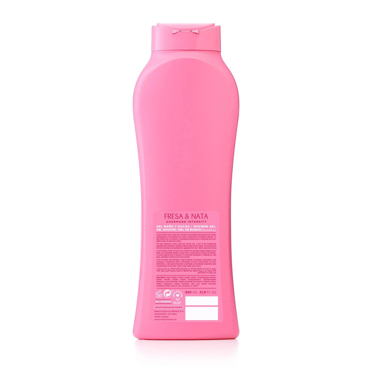 INCI Ingredienti: Aqua (acqua); Sodio Laureth Solfato; Cocamidopropil Betaina; Cloruro di sodio; Copolimero stirene/acrilati; Profumo (fragranza); Polyquaternium-7; Benzoato di sodio; Sorbato di potassio; Acido citrico; PEG-200 gliceril palmato idrogenato, PEG-7 gliceril coccoato; PEG-55 glicole propilenico oleato; Glicole propilenico; Estratto del frutto di Fragaria Ananassa; limonene; CI18050.