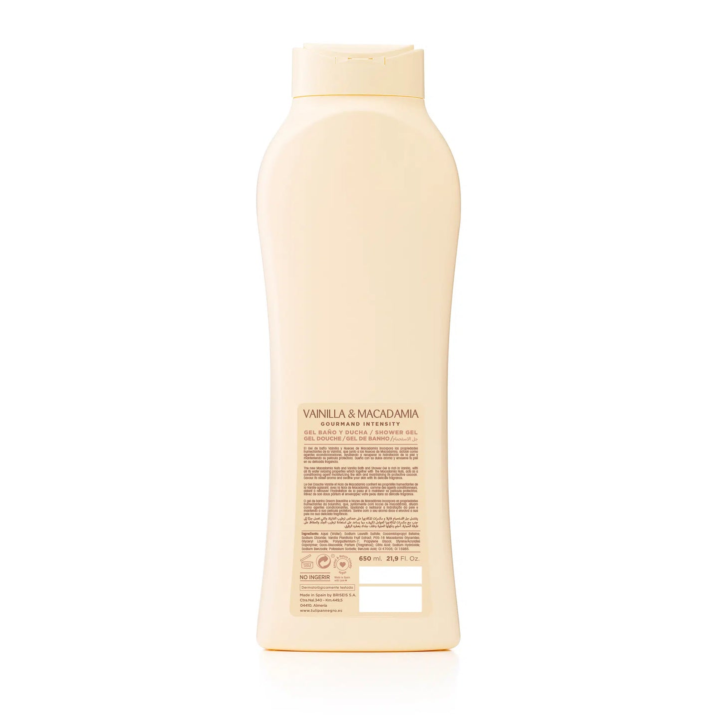 Ingredienti: Aqua (acqua); Sodio Laureth Solfato; Cocamidopropil Betaina; Cloruro di sodio; Copolimero stirene/acrilati; Profumo (fragranza); Polyquaternium-7; Benzoato di sodio; Sorbato di potassio; Acido citrico; PEG-200 Palmato di glicerile idrogenato; PEG-7 gliceril cacao; PEG-55 glicole propilenico oleato; Glicole propilenico; Estratto di vaniglia planifolia; Gliceridi di macadamia PEG-16; CI47005; CI15985.