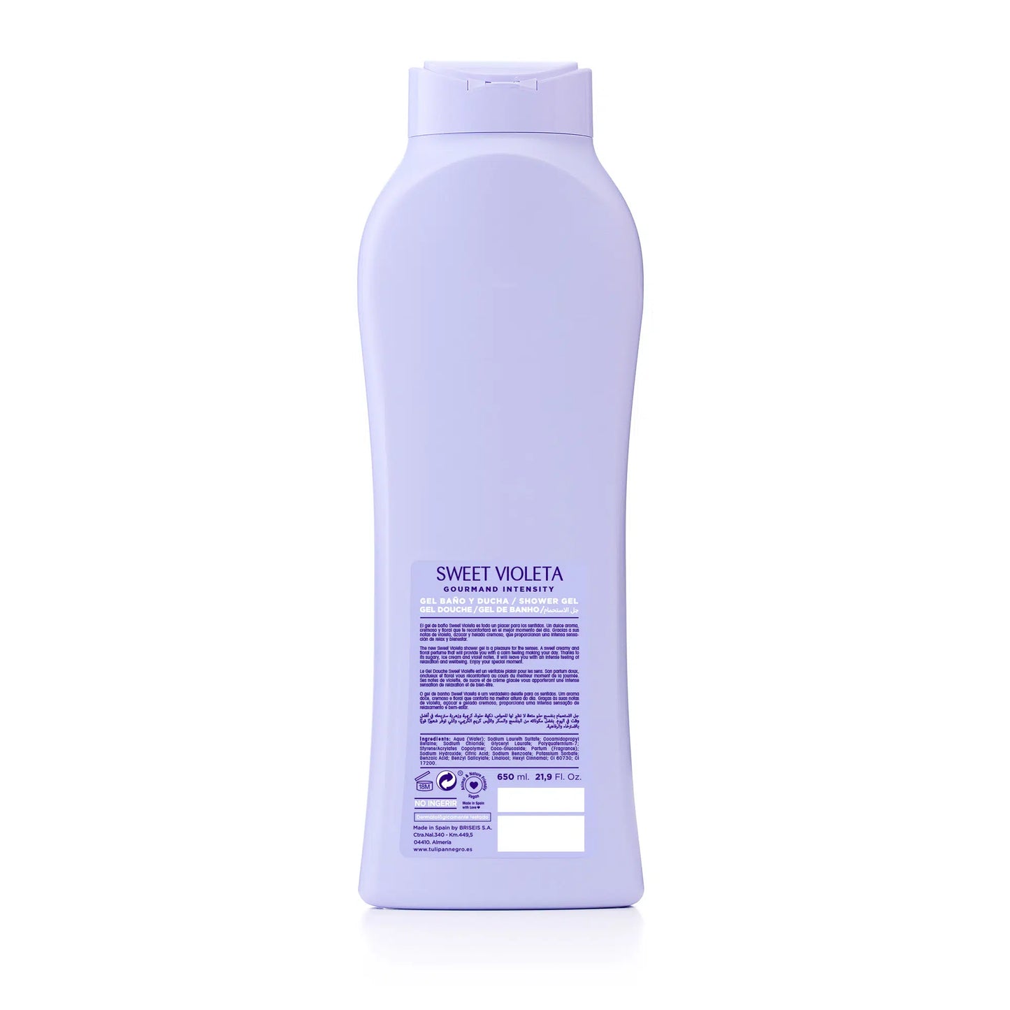 INCI Ingredienti: Aqua (acqua); Sodio Laureth Solfato; Cocamidopropil Betaina; Cloruro di sodio; Profumo (fragranza); Copolimero stirene/acrilati; Acido citrico; Benzoato di sodio; Sorbato di potassio; PEG-200 Palmato di glicerile idrogenato; Polyquaternium-7; PEG-7 gliceril cacao; Glicole propilenico; PEG-55 glicole propilenico oleato; linalolo; Salicilato di benzile; esile cinnamale; CI60730; IC17200.