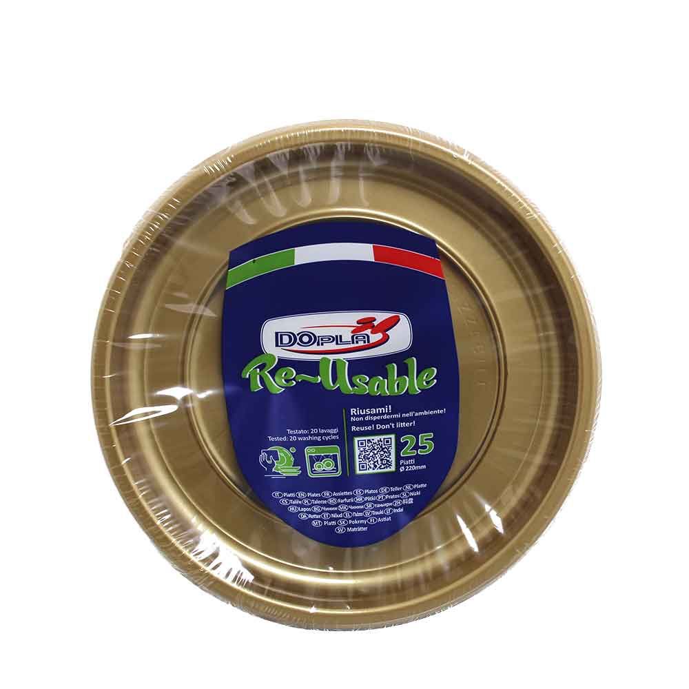 25 Piatti di plastica colorati lavabili riutilizzabili oro Ø22 cm DOpla