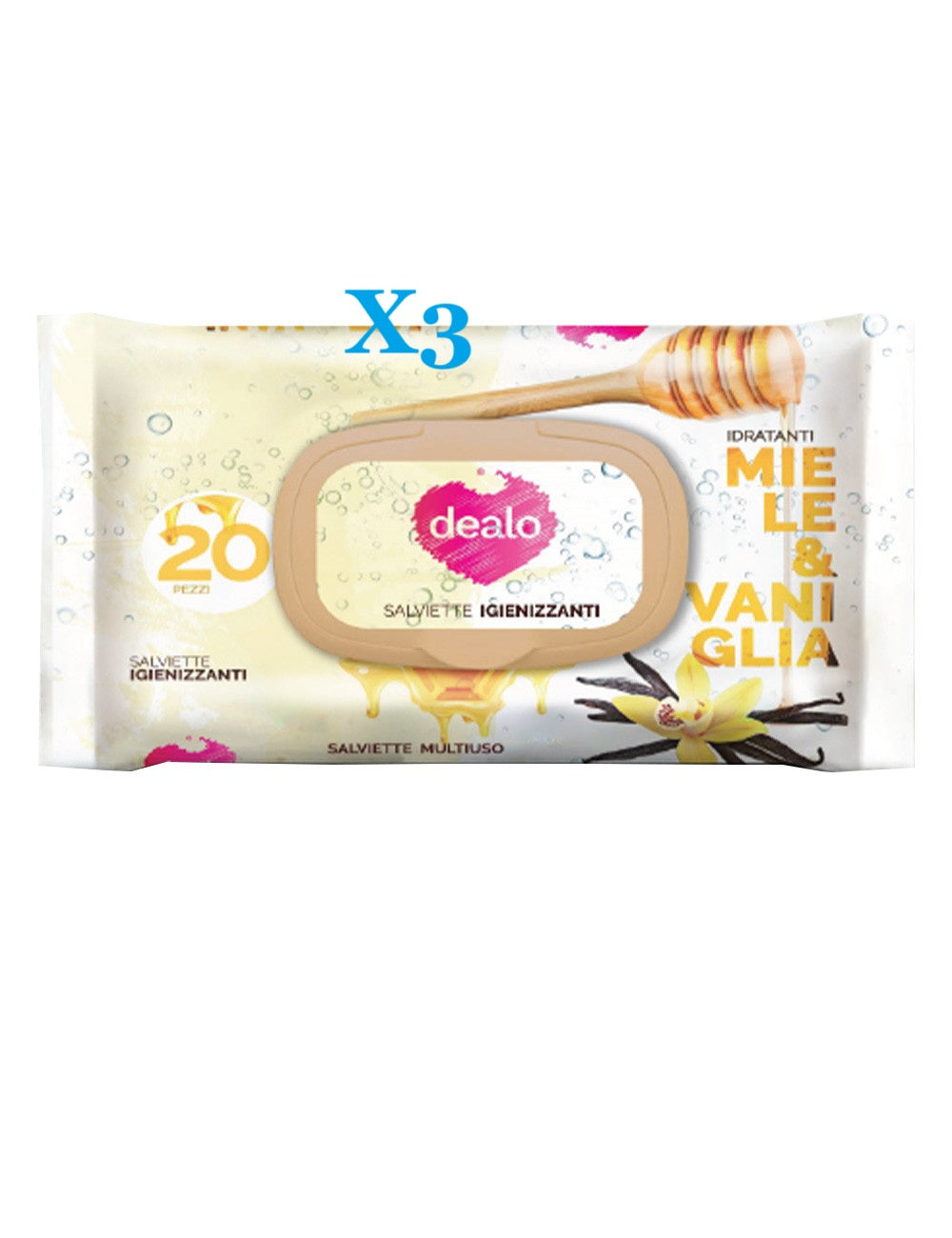 Salviette baby Miele e Vaniglia igienizzanti 3 CONFEZIONI DA 20 PZ