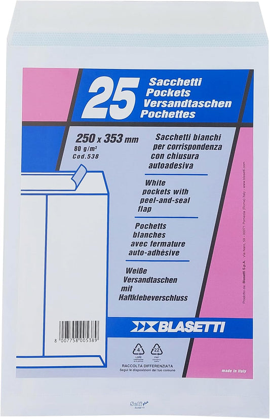Blasetti 538 – Confezione da 25 Buste Bianche 25x35,3 cm – Resistenti per Documenti, Spedizioni e Archiviazione – immagine…