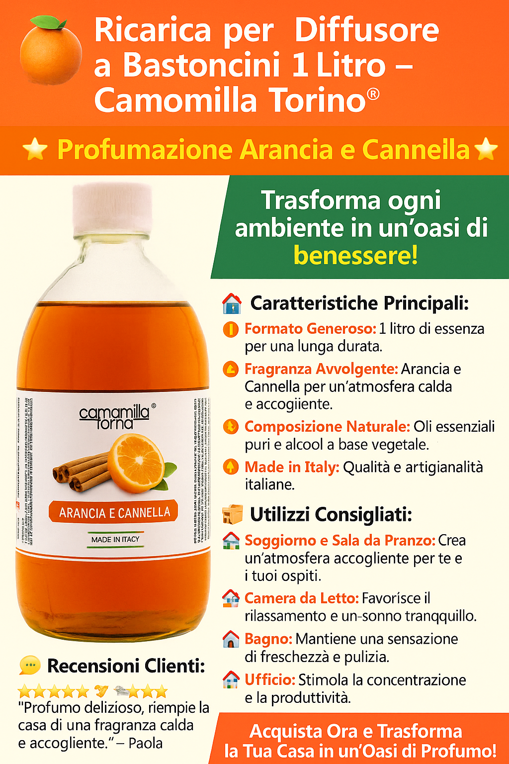 Ricarica per Diffusore a Bastoncini 1 Litro – Arancia & Cannella 🍂 ✨ Profuma la tua casa con calore, armonia e autenticità italiana ✨